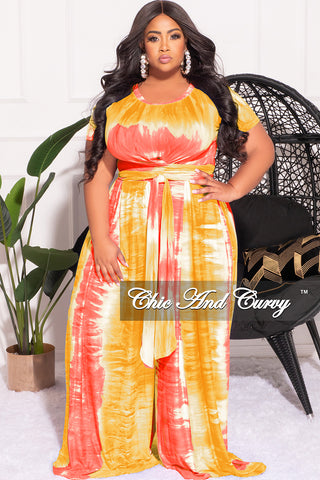 Final Sale Plus Size 2pc Set Cropped Tie Top & Pants in Yellow Pink and White Tie Dye Print