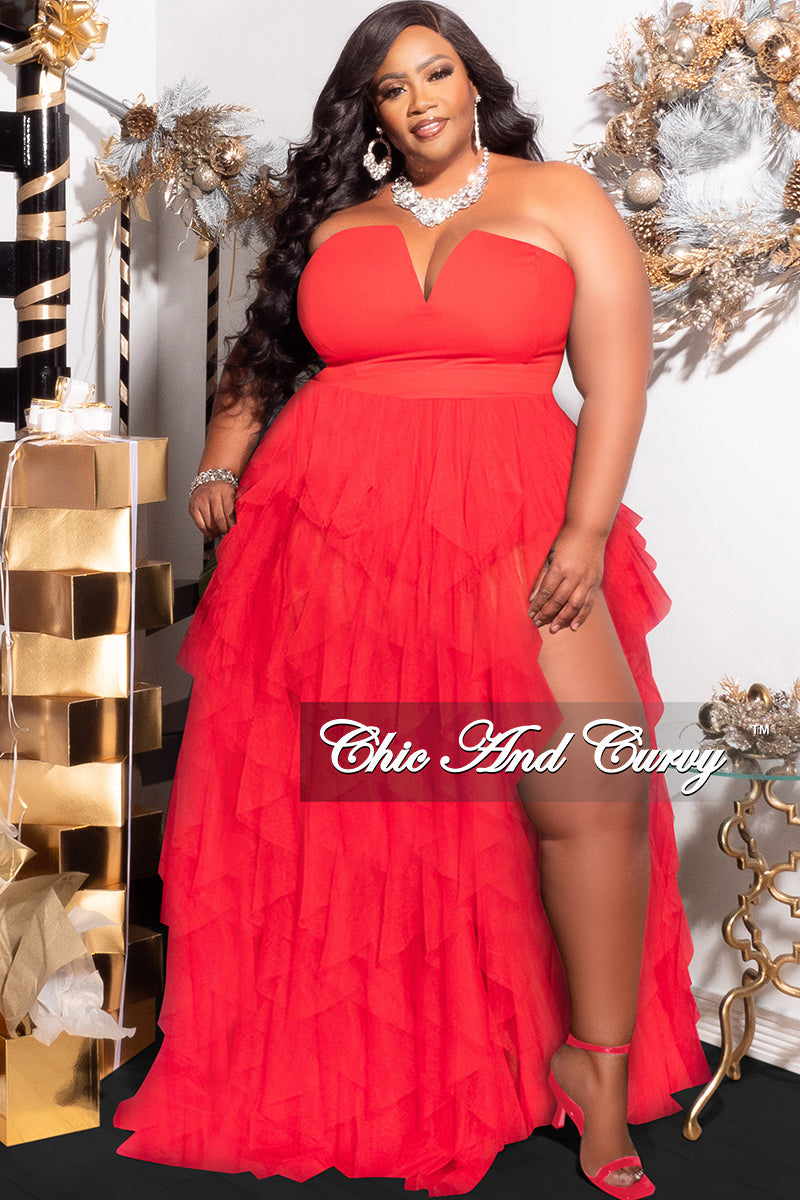 Final Sale Plus Size Strapless Deep V Maxi Tulle Dress with Slit in Re