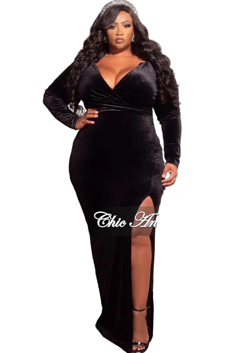 Final Sale Plus Size Faux Wrap Ruched Gown Velvet with Slit in