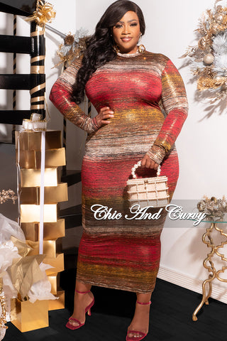 Final Sale Plus Size Reversible Long Sleeve BodyCon Dress in Red Brown and Ivory Print