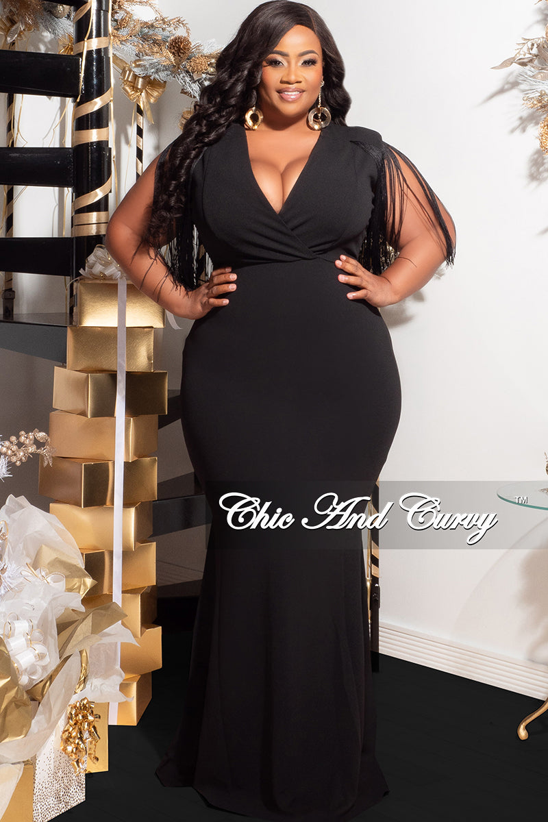 curvy black dress Final Sale Plus Size Fringe Shoulder Gown in Black