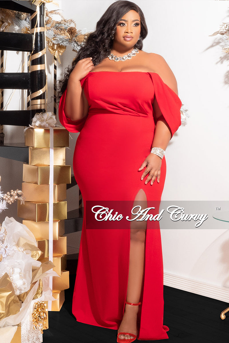 Final Sale Plus Size off the Shoulder Ruched Gown with Slit Red – Chic And Curvy