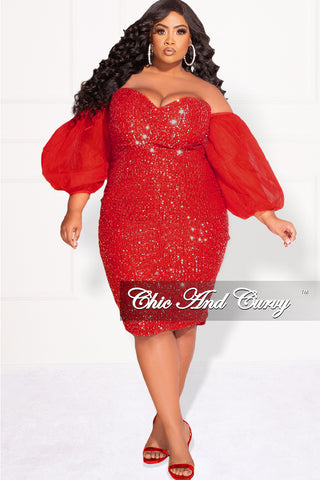 Final Sale Plus Size Mesh Sequin Tube Midi Dress with Mesh Sleeves in Red