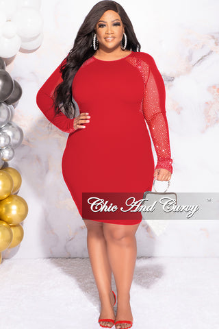 Final Sale Plus Size Rhinestone Sheer Sleeve BodyCon Dress in Red
