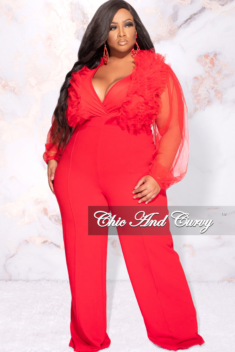 Available Online Only - Final Sale Plus Size Faux Wrap Tulle Jumpsuit in Red