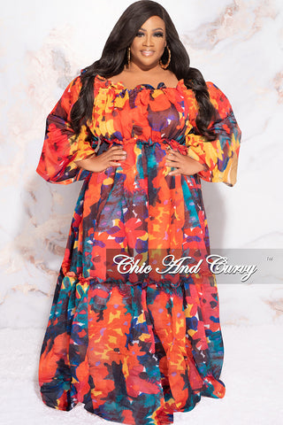 Final Sale Plus Size Off the Shoulder Chiffon Maxi Dress in Red Multi Color