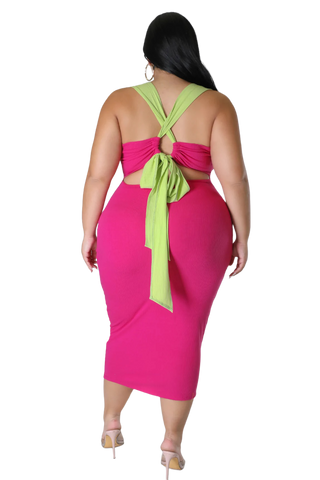 Final Sale Plus Sleeveless Ribbed Midi BodyCon Dress with Criss Cross Back in Fuchsia and Neon Green