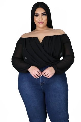Final Sale Plus Size Off The Shoulder Faux Wrap Draping Top in Black