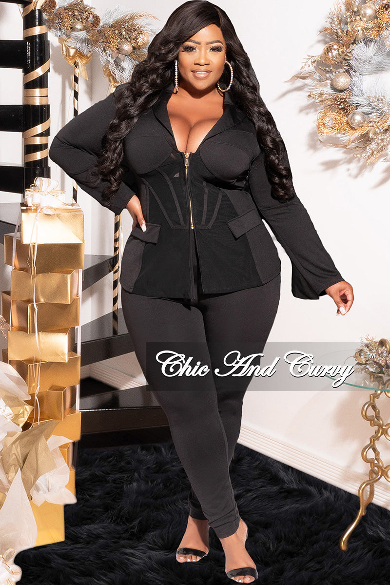 Final Sale Plus Size 2pc Collar Half Mesh Zip Up Jacket and Pants Set –  Chic And Curvy