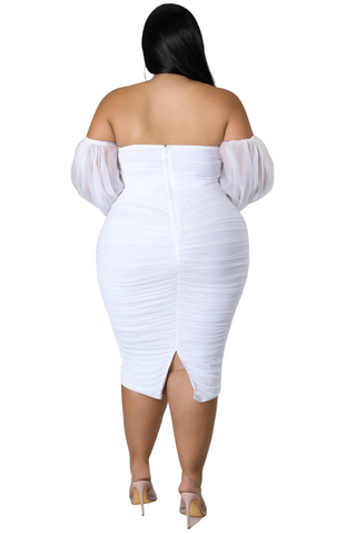 Final Sale Plus Size Mesh Shirring Tube Midi Dress with Mesh Sleeves in White