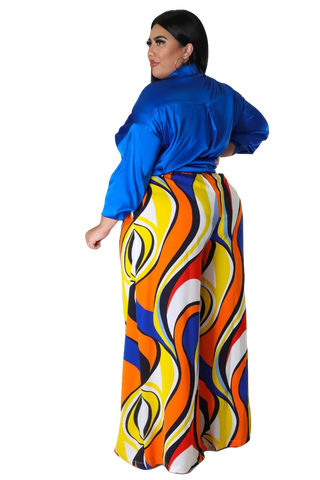 Final Sale Plus Size Chiffon Pants in Royal Blue Multi-Color Print