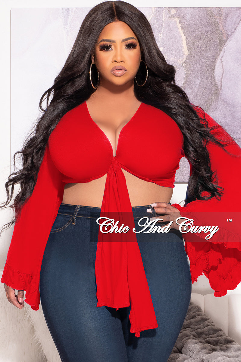 Final Sale Plus Size Crop Tie Top with Bell Sleeves in Red – Chic