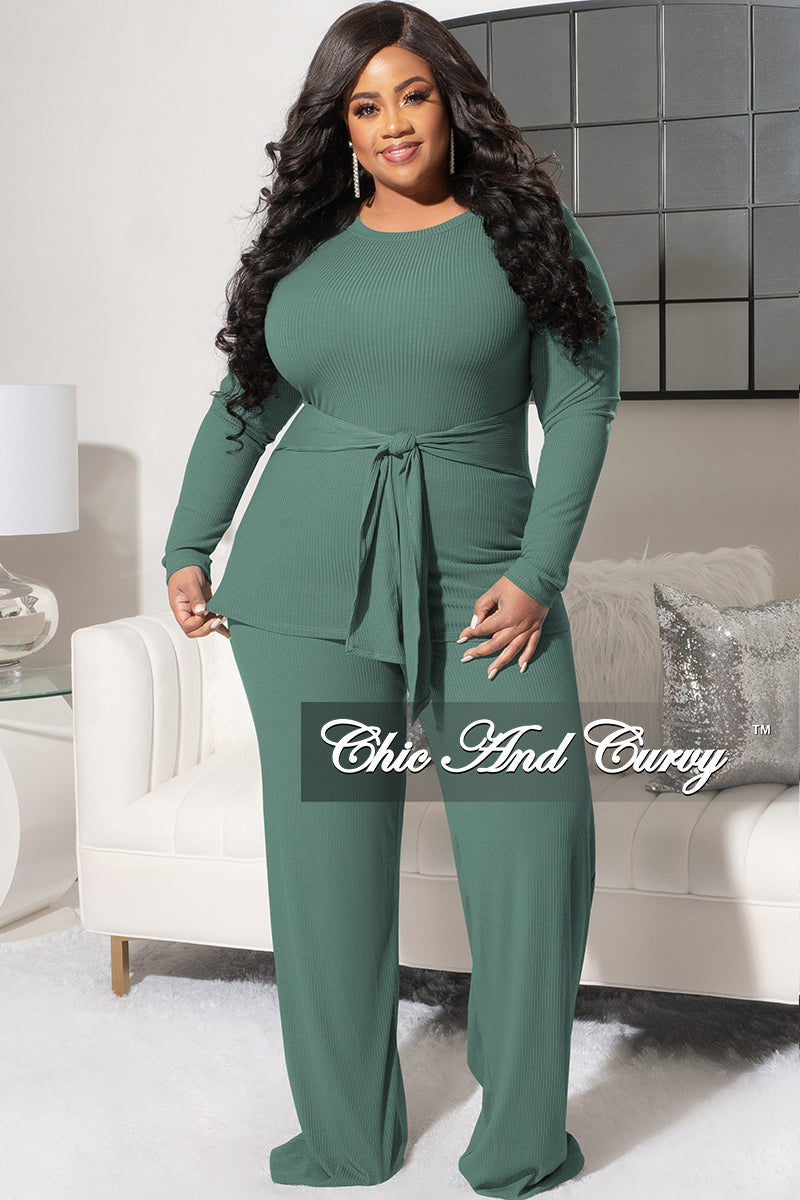 Final Sale Plus 2pc Ribbed Long Sleeve and Pants Set Sage Chic And Curvy