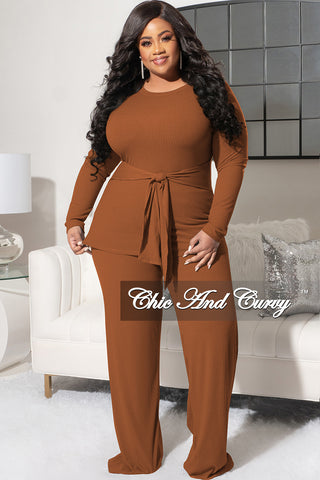 Final Sale Plus Size 2pc Ribbed Long Sleeve Top and Pants Set in Coffee Brown