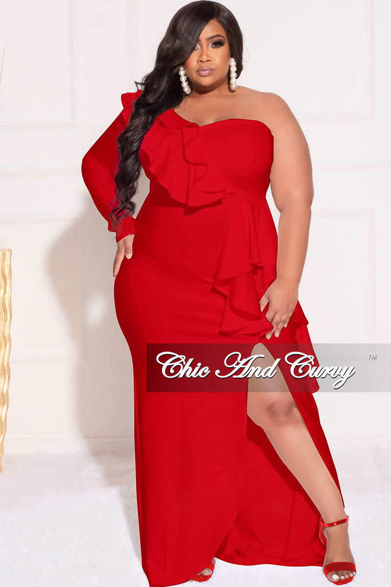 Final Sale Plus Size One Sided Ruffle Gown with Front Slit in Red – Chic  And Curvy