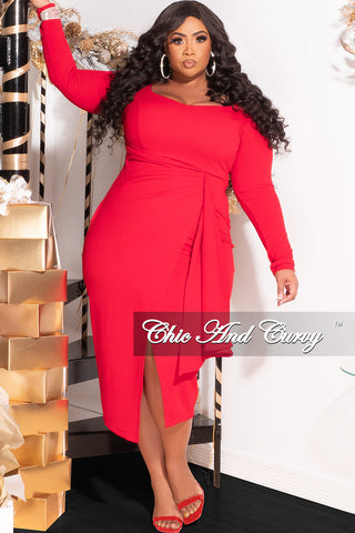 Available Online Only - Final Sale Plus Size BodyCon Dress with Wrap Skirt in Red