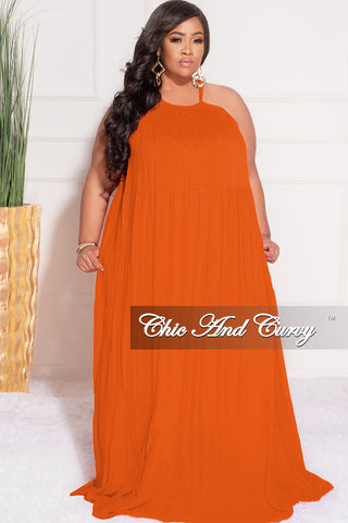 Final Sale Plus Size Long Halter Dress with Back Tie in Orange