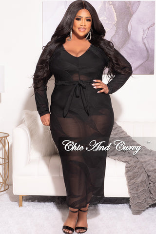 Final Sale Plus Size Sheer Midi Dress with Tie Back Slit in Black