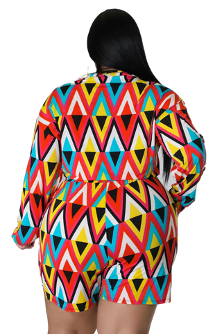 Final Sale Plus Size 2pc Short Set with Tie Crop Top in Multi-Color Triangle Print