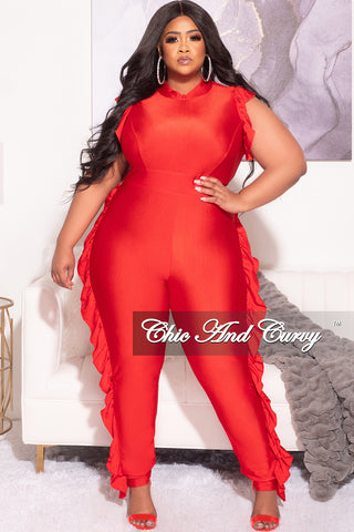 Final Sale Plus Size Jumpsuit with Ruffle Trim and Back Zipper in Red