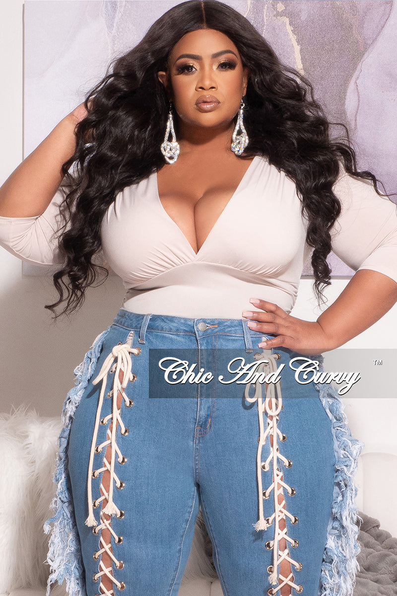 Final Sale Plus Size Deep V Top with Ruched Sides in Tan Taupe