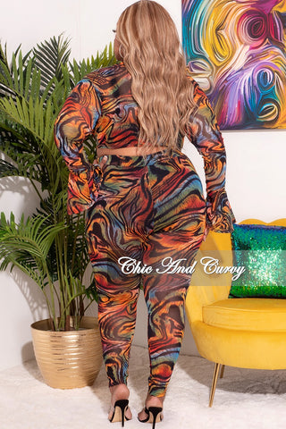 Final Sale Plus Size Sheer Bell Sleeve Tie Top and High Waist Pants Set in Multi Color Print