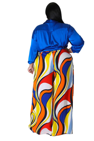 Final Sale Plus Size Chiffon Pants in Royal Blue Multi-Color Print