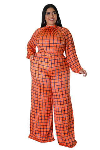 Final Sale Plus Size Mock Neck Belted Jumpsuit in Orange and Blue Checker Print