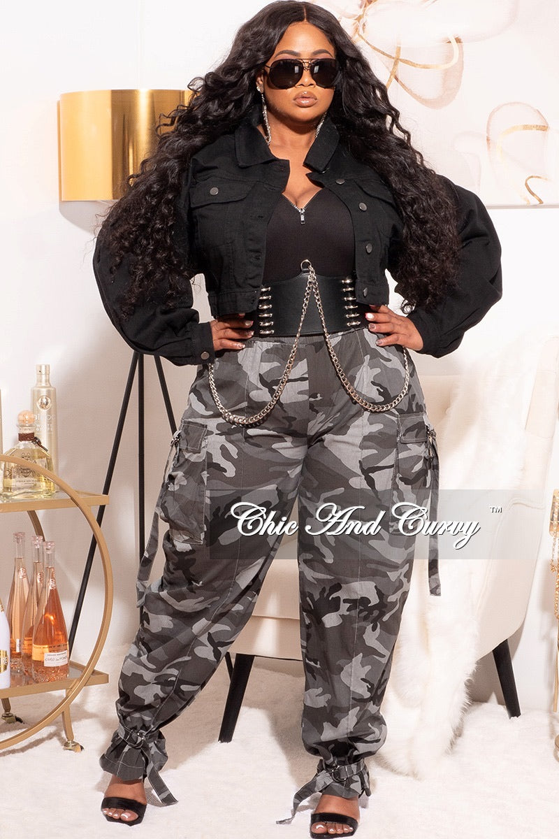 Final Sale Plus Size Denim Jacket with Balloon Sleeves in Black
