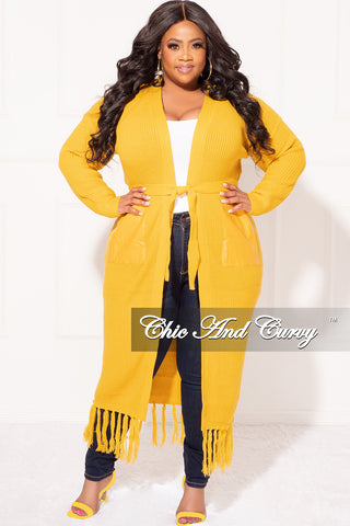Final Sale Plus Size Fringe Knit Sweater with Faux Leather Pockets in Mustard