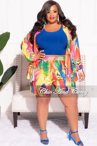 Final Sale Plus Size 2pc Collar Button Up Top and Short Set in Multi Color Print