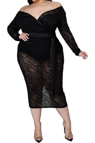 Final Sale Plus Size Tiger Print Sheer Mesh Panel Dress in Black