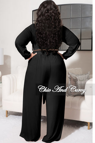 Final Sale Plus Size 2pc Long Sleeve Tie Top and Pants Set in Black