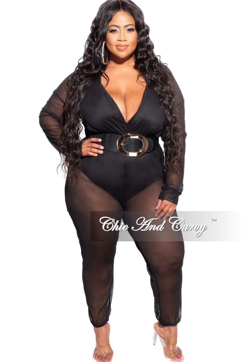 Final Sale Plus Size Sheer Mesh Deep V Jumpsuit in Black – Chic And Curvy