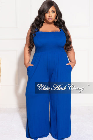 Final Sale Plus Size Jumpsuit with Smocking & Elastic Straps in Blue