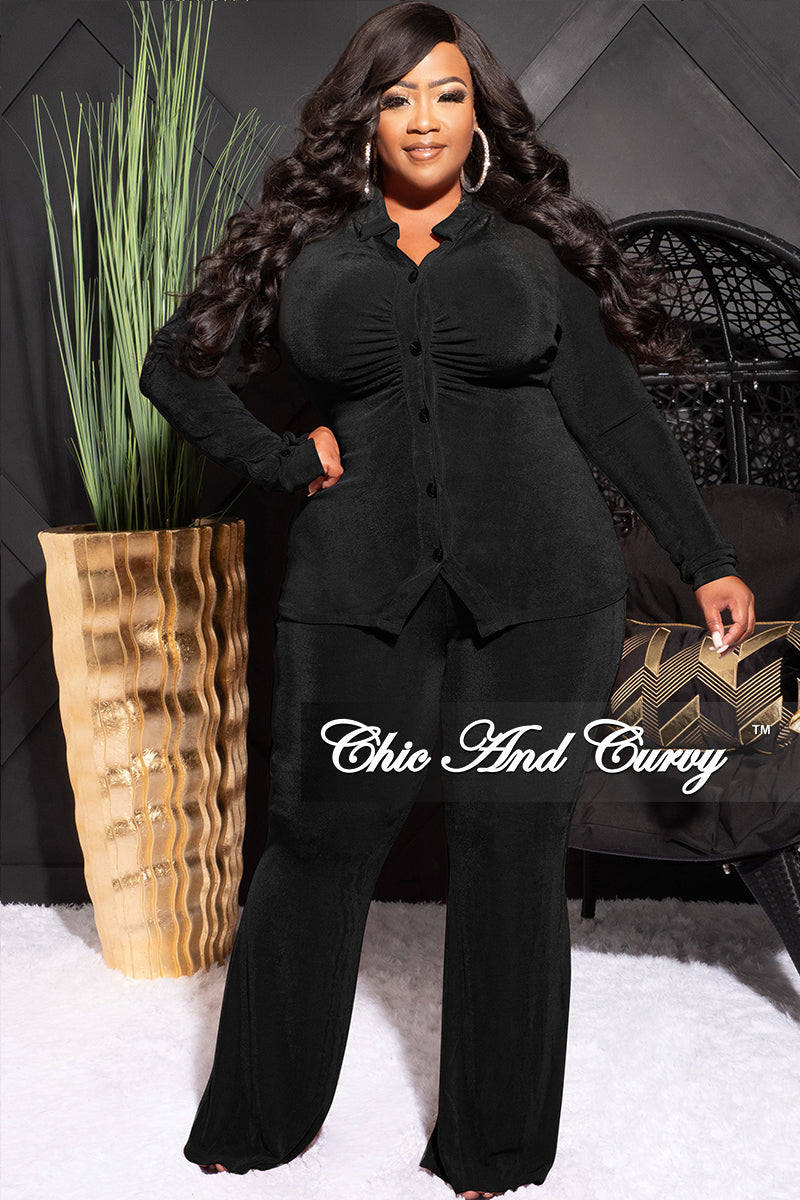 Final Sale Plus Size 2pc Slinky Button Up Collar Top and Pants Set in