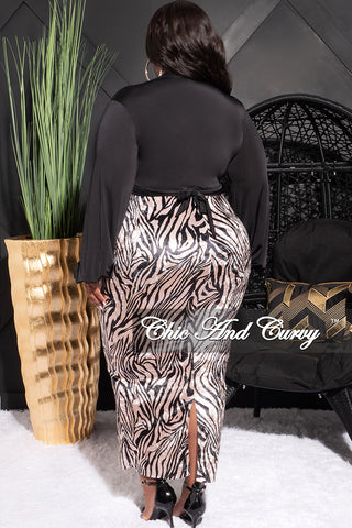 Final Sale Plus Size 2pc Long Sleeve Faux Wrap Collar Black Crop Tie Top and Skirt Set in Velvet Zebra Print