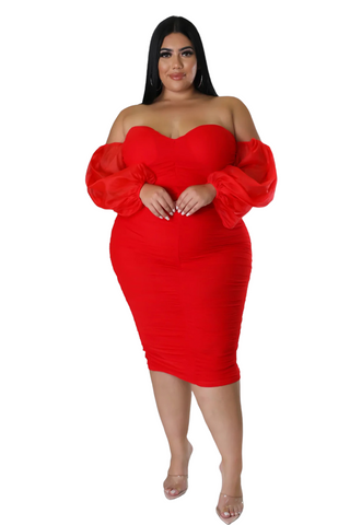 Final Sale Plus Size Mesh Shirring Tube Midi Dress with Mesh Sleeves in Red