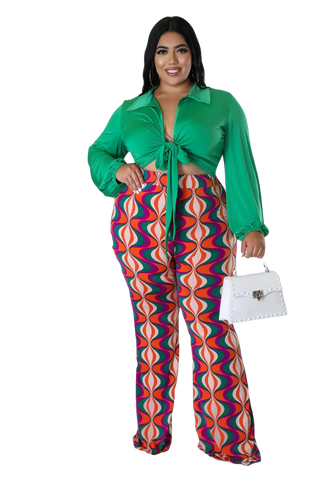 Final Sale Plus Size 2pc Long Sleeve Faux Wrap Collar Green Crop Tie Top and Pants in Green Multi Color