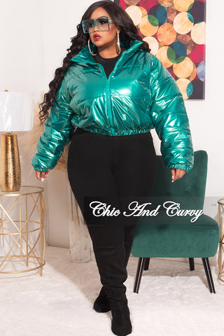 Final Sale Plus Size Shiny Crop Puffer Jacket in Green