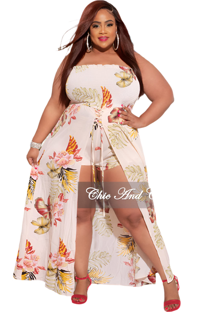 Final Sale Plus Size Strapless Romper in Ivory Floral Print Final Sale Plus Size Strapless Romper in Ivory Floral Print