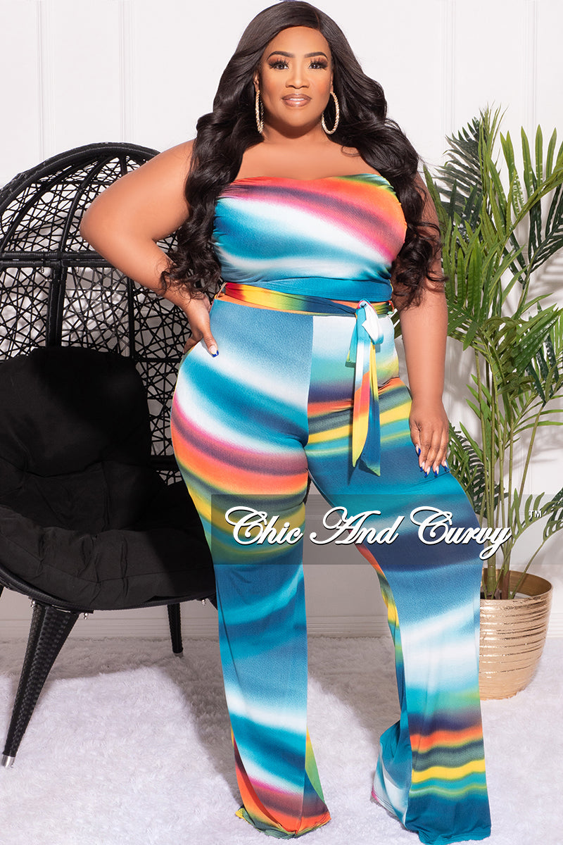 Final Sale Plus Size 2pc Set Tube Top and Belted Pants in Multi-Color