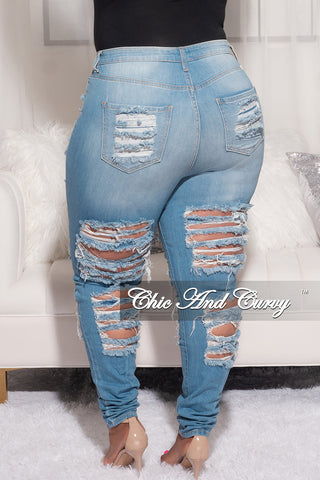Final Sale Plus Size Distress Jeans in Light Blue