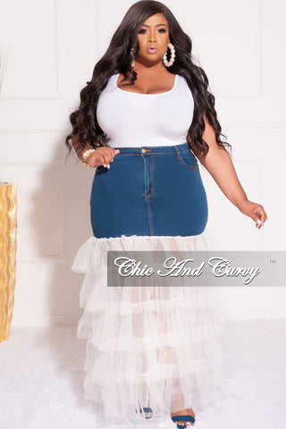 Final Sale Plus Size Denim Skirt with Tulle Layered Bottom in Off White