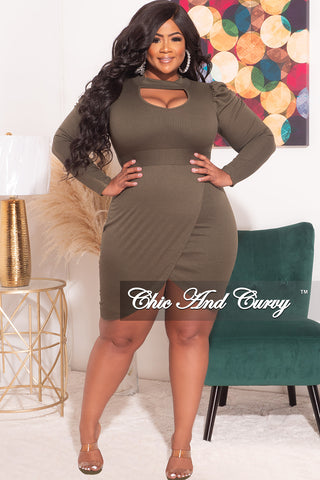 Final Sale Plus Size Long Sleeve Wrap BodyCon Dress with Bust Cutout in Olive (Dress only)