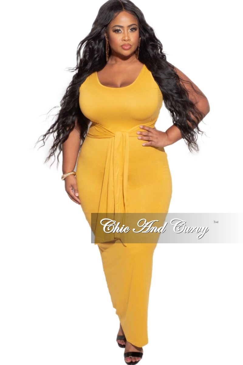 Final Sale Plus Size Midi Dress with Attached Belt in Mustard