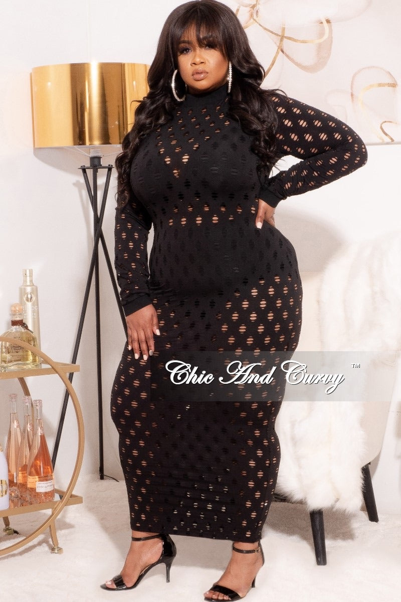 *Final Sale Plus Size Sheer ZipUp Bodycon Dress with Holes in Black