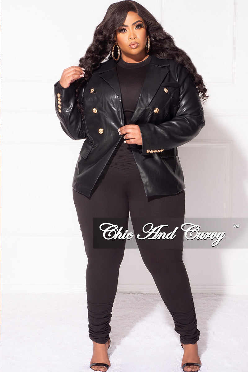 Final Sale Plus Size Faux Leather Blazer Jacket in Black with Gold Acc – Chic And