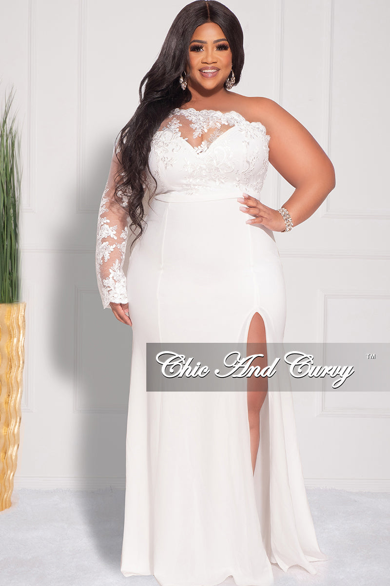 Final Sale Plus Size One Shoulder Long Sleeve Lace Detail Gown with Side Slit in Ivory - S 2/4 Final Sale Plus Size One Shoulder Long Sleeve Lace Detail Gown with Side Slit in Ivory - S 2/4