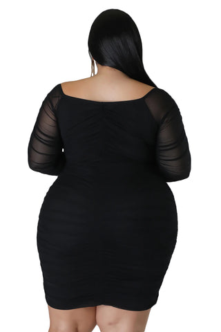 Final Sale Plus Size Ruched Off The Shoulder Mini Dress in Black Mesh